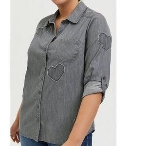 Torrid Gray Heart Embroidered Button Down Shirt